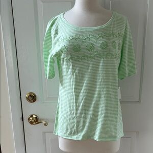 NWT Talbots light green embroidered S/S striped slub tee